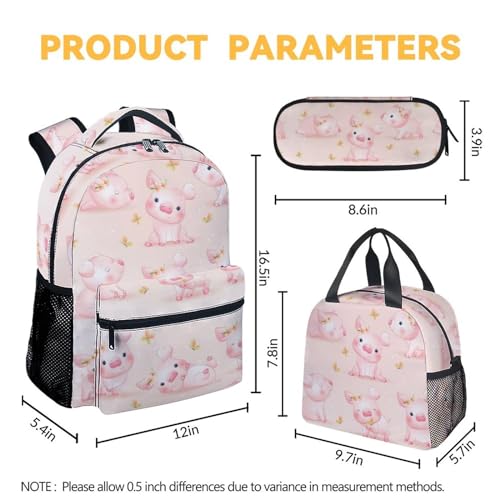 Mercuryelf Pig for Girls Boys Backpack with Lunch Box Set, 3 in 1 School Backpacks Matching Combo, Cute Pink Bookbag and Pencil Case Bundle4