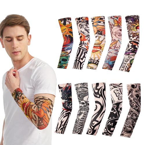 QSZHSL 10 Piezas Mangas Tatuadas, Falsas Mangas de Tatuaje, Manga Tatuajes Brazo para Hombres, Tatuajes Temporales Brazo Medias Tatuaje Temporal Mangas para Fiestas de Disfraces Carnaval (10 Piezas)