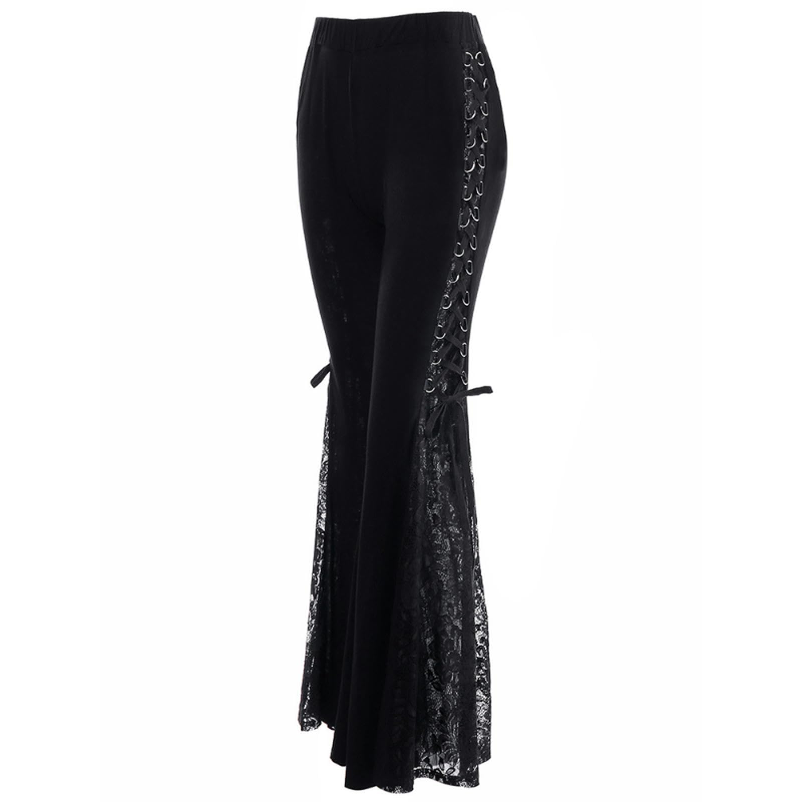 Pantaloni Svasati in Pizzo Punk Gotico Allacciati Slim Moda Fasciatura Taglia Pantaloni a Zampa d'elefante per Le Donne Pantaloni Sottili Estivi Larghi Neri Pantaloni Lunghi-Stile 1-L