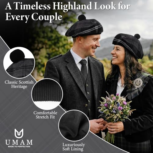 Image of Scottish Tam O' Shanter Hat Tartan Bonnet Pom Pom Wool Flat Cap One Size