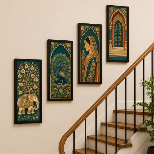 Image of PAINTINGMANTRA Royal Peacock & Elephant Framed Wall Art Painting For Living Room | Traditional Heritage, Peacock, Elephant Painting with Frame for Living Room, Bedroom, Set of 4, Size- 9.5x19.5 In