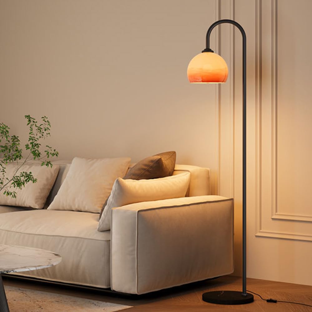 Klkrzjwy Black Nordic Globe Glass Floor Lamp 63" Arc Floor Light Marble Base Tall Lamp With E26 Dimmable Orange Glass Standing Fixtures For Living Room Sofa Area Bedroom Study Villa