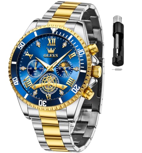 Image of OLEVS Mens Watches Chronograph Luxury Dress Moon Phase Two Tone Stainless Steel Waterproof Luminous Business Calendar Wrist Watch