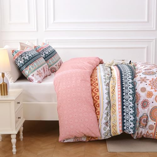 MUXHOMO Duvet Cover Full Size Floral Duvet Cover Set with Zipper Closure, Boho Flower Bedding Set, 3 Pieces, 1 Duvet Cover 80"x90" with 4 Corner Ties and 2 Pillowcases 20"x26"