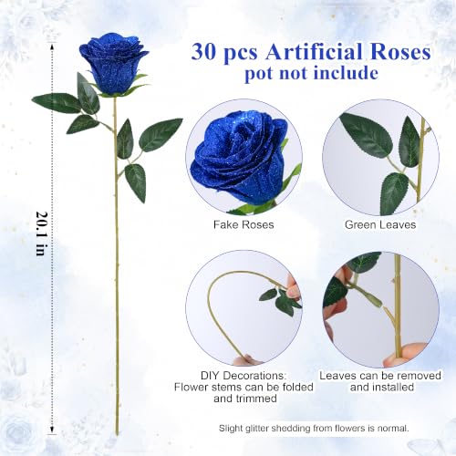 Image of 30 PCS Blue Roses Artificial Flowers, Fake Glitter Roses with Stem Realistic Silk Roses for Wedding Bouquets Table Centerpieces Arrangement Baby Shower Home Decor Anniversary Birthday Gift for Her