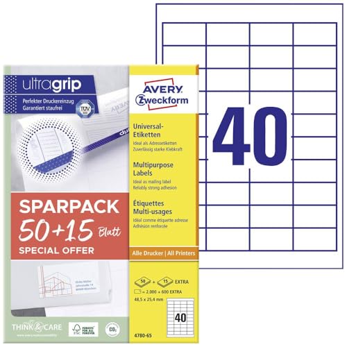 AVERY Zweckform 4780-65 uniwersalnych etykiet (2000 plus 600 dodatkowych etykiet samoprzylepnych, 48,5 x 25,4 mm na A4, papier matowy, do indywidualnego drukowania, samoprzylepne naklejki z