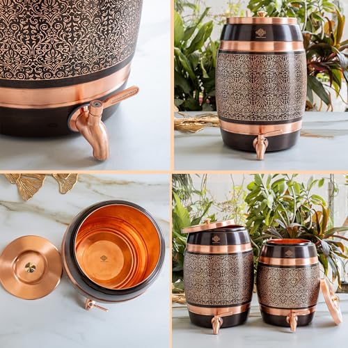 Image of Indian Art Villa Copper Water Pot Dispenser 7.6 Liters with Tap & Lid, Embossed Black Printed Design, Ayurvedic Copper Water Storage for Home, Office, Parties & Gifting, Traditional Stylish Drinkware