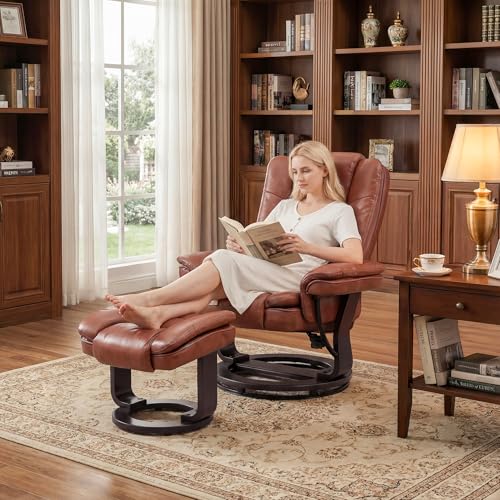 Image of Swivel Recliner Chair with Ottoman Reclining Lounge Sofa Footrest, Set of 1 | 360Sturdy Wood Base, Soft PU Leather, Upholstered Ultra-Plush Foam, Modern Armchair, Living Room Bedroom Office Reading Home