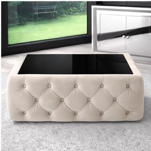 Image of Premium Tufted Upholstered Coffee Table with Black Mica Top - Modern Square Ottoman Center Table, Soft Velvet Finish, Luxury Living Room Furniture (30 x 30 x 18 Inch, Beige)
