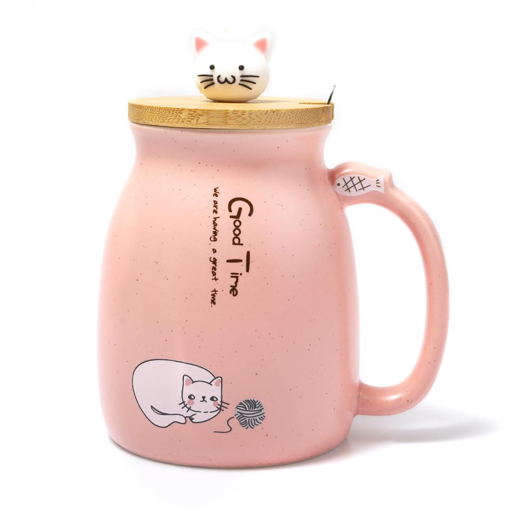 lachineuse Kawaii Cat Mug 450 ml Pink with Lid and Spoon