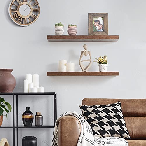 Oak Floating Shelves, 8 Inch Deep Wooden Shelves For Wall Set Of 2, Farmhouse Rustic Floating Shelf Wall Mounted 24 Inch Long Wall Shelves For Kitchen Bathroom Living Room Bedroom, Walnut Color #TOP6