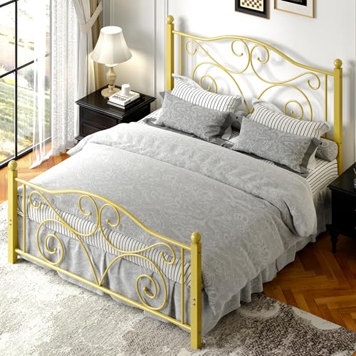 Image of VECELO Queen Size Bed Frame with Headboard and Footboard, Heavy Duty Metal Slat Support, Platform Mattress Foundation, No Box Spring Needed, Easy Assembly, Gold