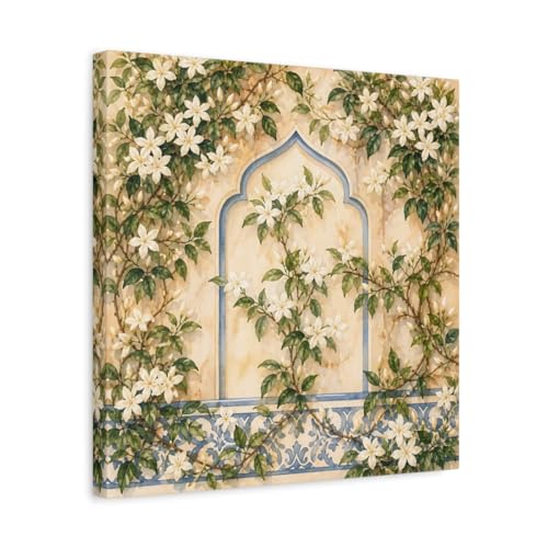 Toile florale blanche et bleue avec châssis épais de 3 cm pour salon chic