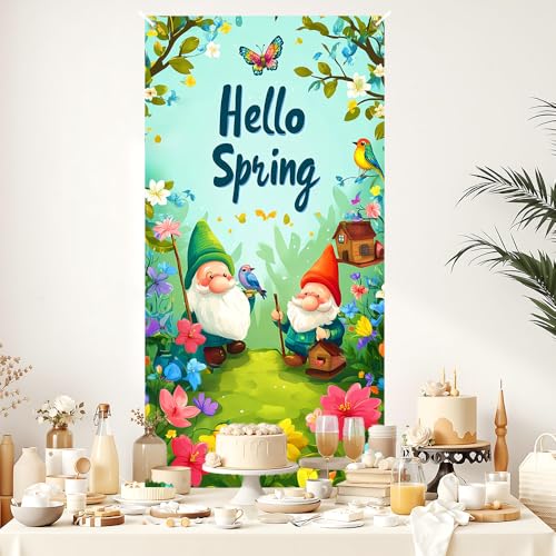 Image of Hello Spring Gnome Door Cover 35x71in Bird Butterfly