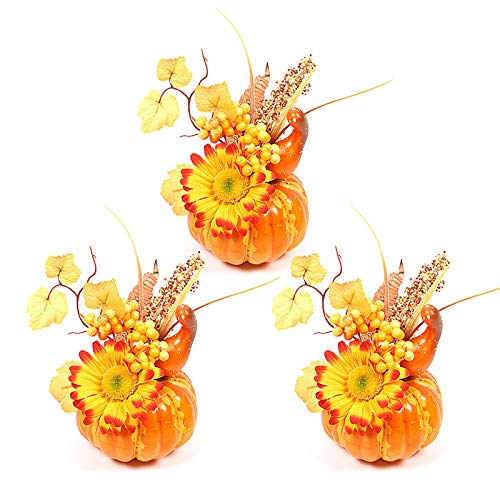 TRIEtree Mini Artificial Pumpkins,3 Pack Artificial Pumpkins Table Decor,Pumpkins Fall Table Decor with Lifelike Maple Leaves and Pomegranate for Halloween Pumpkins Thanksgiving Centerpieces
