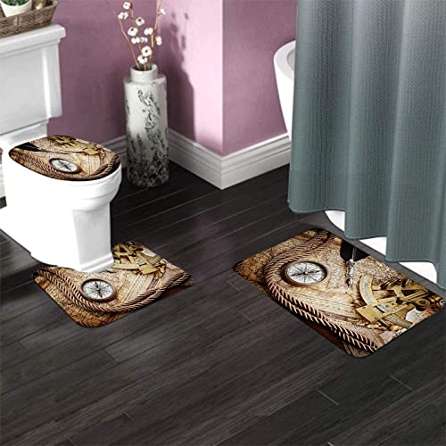 Badezimmerteppich-Set, 3-teilig, Vintage-Voyage-Thema, Lifestyle-Druck, waschbare Badteppiche, rutschfest, mit Rückenpolster, Konturteppich und Toilettendeckelbezug – Bild 4