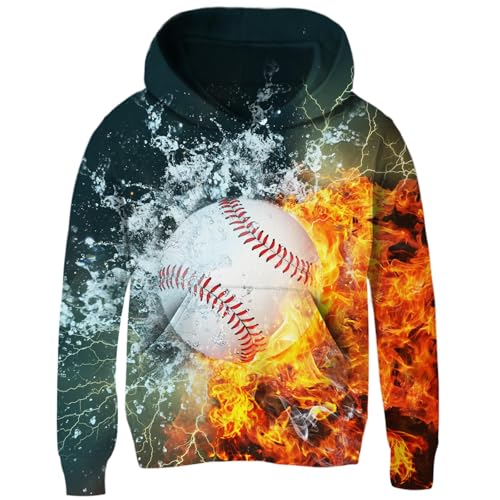 Idgreatim 8-10T Boys Girls 3D Fire Water Hoodie with Pocket