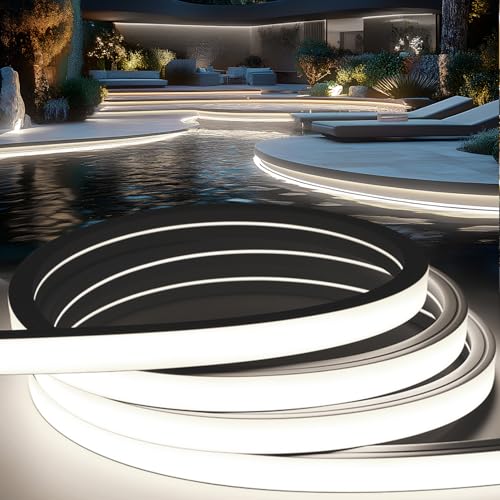 KSIBNW LED Strip Light Outdoor Waterproof Garden, 6.5ft/2m Silicone LED Strip IP65 Flexible Outside Strip Light Cuttable 220V240V Neon Rope Strip for Kitchen BedroomIndoor Decor,Cool White 6000K
