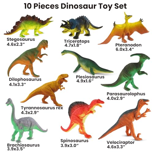 Zippytots Dinosaur Toys for Kids 3-5, 10 PCS Realistic Plastic Dinosaur Figure Toy Set Including T-Rex, Stegosaurus, Spinosaurus, Ideal Gift for