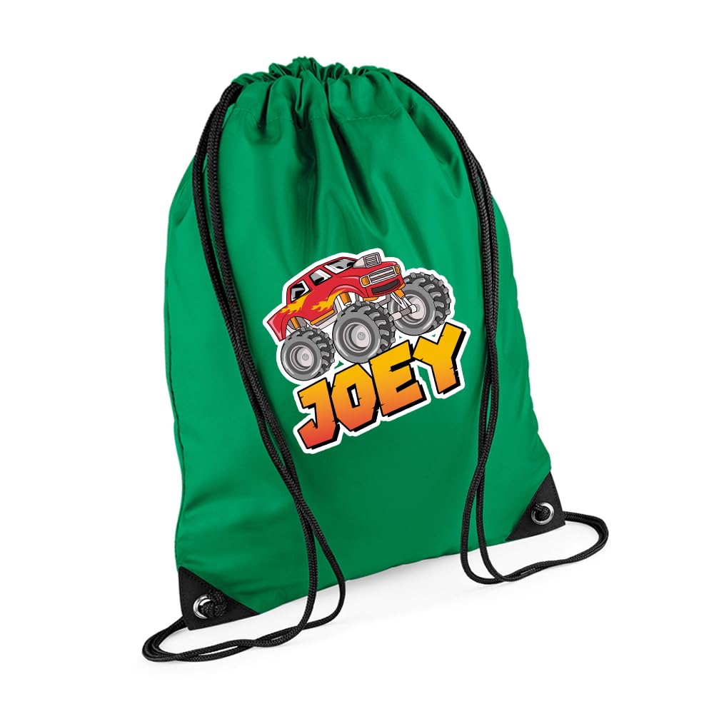 Getagift Personalised Monster Truck Gift – Custom Name Design, Ideal for Boys, PE Gym Kit Swimming, Sport Rucksack. (Kelly Green)