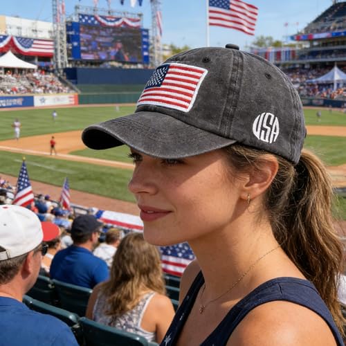 Image of IZUS Women USA-Flag Baseball-Cap American Patriotic Baseball Hats Men's Distressed-Cotton Dad-Hat for Adult Teens