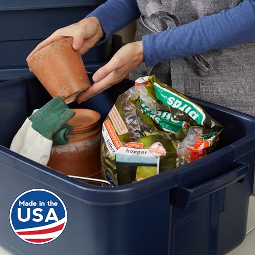 Image of Rubbermaid Roughneck Tote 10 Gal, 8 Pack, Made in USA, Dark Indigo Metallic, Rugged Plastic Stackable Storage Bins with Lids and Handles
