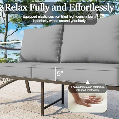 Image of 7 Pieces Patio Conversation Sets, All-Weather Metal Swivel Rocking Chairs with Rope Furniture Set, Outdoor Sofa Couch for Deck, Porch, Garden, Backyard, Poolside (Gray Cushions)
