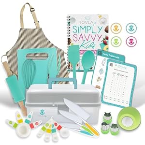 Tovla Jr Kids Real Cooking and Baking Gift Set with Cookbook and Storage Case Montessori Complete Cooking Supplies for the Junior Chef Set for Girls Boys Utensils and Kid Safe Knives
