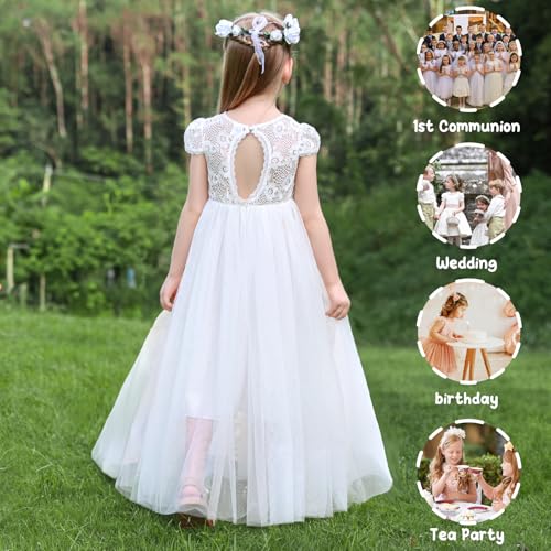 Girls Dresses Size 6-10Y White Lace Dress Toddler Girls Outfit Ivory Flower Girl Kids Formal Dress with Flower Crown3