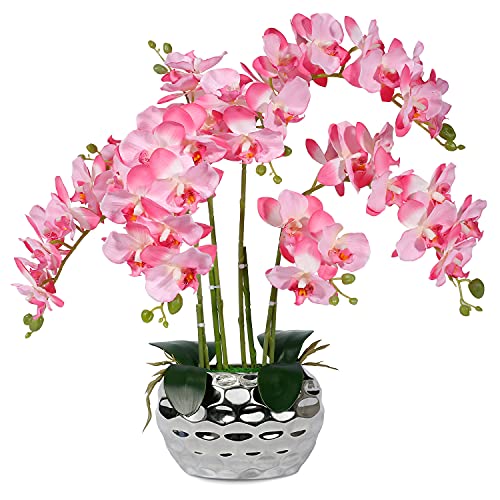Pink Orchid with Silver Vase Orchid Pink Flowers Faux Orchid Plant Artificial Orchids Silk Orchids Pink Fake Flowers Faux Orchid Pink for Home Decor Kitchen Decoration Table Centerpieces