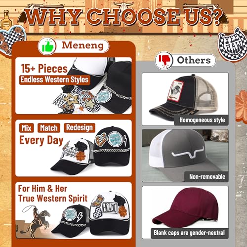 Image of Meneng Western Trucker Hat for Cowboy: Men Women Adjustable Snapback Caps with 8pcs Embroidered Patches and a Chain