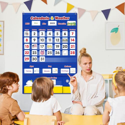 Image of Spanish Calendar and Weather Pocket Chart, Classroom Organized Chart, 140 Pieces (Spanish)