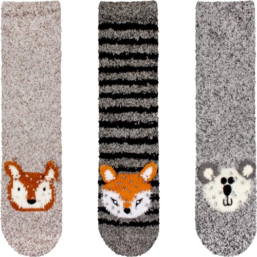 Image of BambooMN Super Soft Warm Cute Animal Face Non-Slip Fuzzy Crew Winter Home Socks, Value Pack