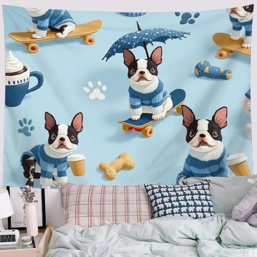 Tapiz de pared infantil azul cielo con dibujos animados de Boston Terrier de 200x150 cm
