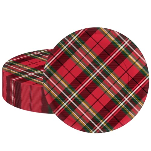 LeZakaa 25Pcs Christmas Paper Plates - Vintage Red and Black Plaid Design Disposable Party Plates Decorative Tableware Supplies Table Decor - 7 Inch LeZakaa 25Pcs Christmas Paper Plates - Vintage Red and Black Plaid Design Disposable Party Plates Decorative Tableware Supplies Table Decor - 7 Inch