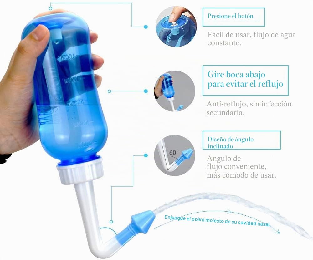 WATERPULSE Neti Pot Sinus Botella de enjuague 300 ml, limpiador de nariz, con 30 paquetes de sal y un termómetro, del limpiador nasal Riego a presión para adultos y niños, sin BPA,Azul
