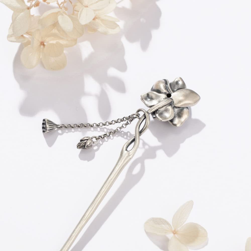 Vintage Haarstäbe Retro Haarnadel, S925 Sterling Silber chinesische Haarstäbchen, verzierte Lotus Samenkapsel Haarstäbe mit Quaste,