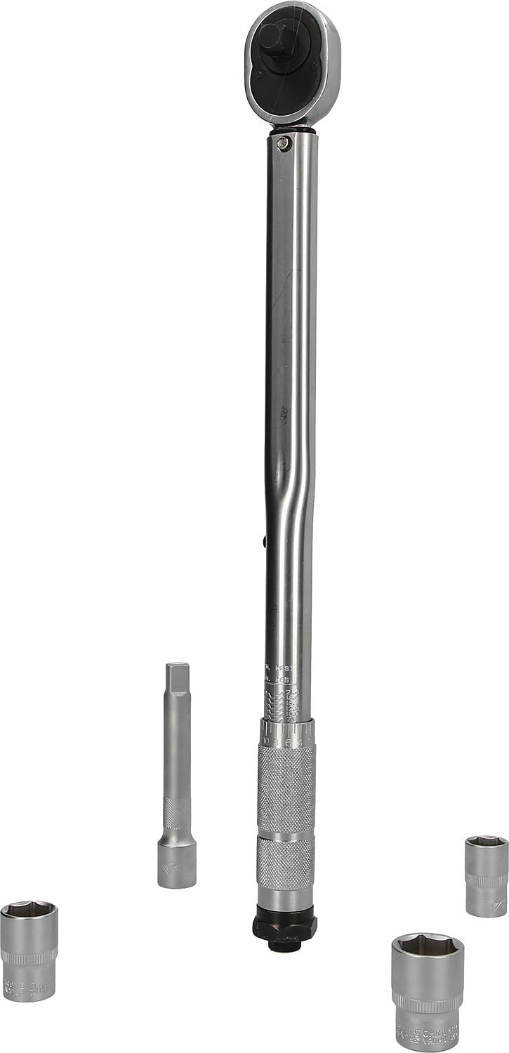 Clé Dynamométrique 28/200 Nm - BT142005 - Cliquet Carré Reversible plus Rallonge 1/2" et 3 Douilles 1/2" (17, 19, 21 mm) - pour Travaux sur Voiture - Rotation Horaire/Anti Horaire - BRILLIANT TOOLS
