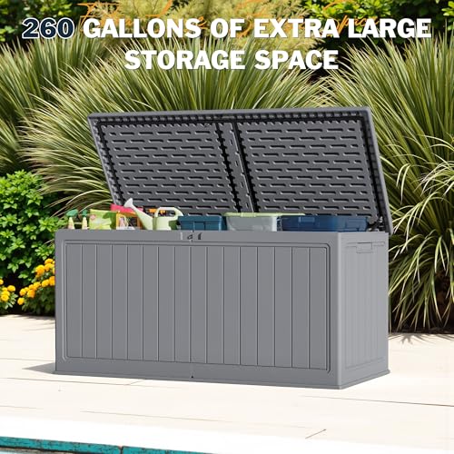 Image of Greesum 260 Gallon HDPE Outdoor Storage Box - Waterproof, Large Capacity Deck Box with Removable Dividers for Patio, Yard, Garden Tools, Light Grey