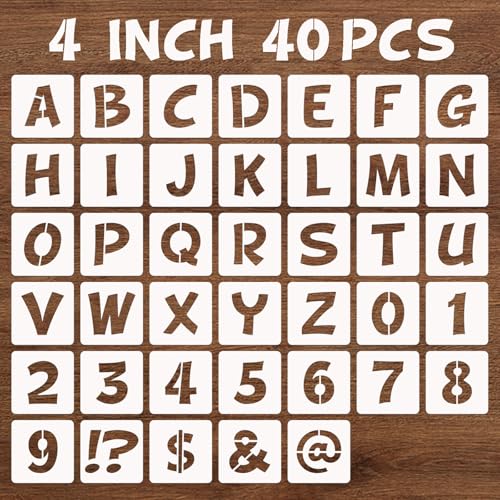 BAMIDELE 4 Inch Letter and Number Stencils 40 Pcs Reusable Plastic Alphabet Spray Paint Stencils for Painting on Wood Wall Fabric Rock Chalkboard Door Porch Signage DIY Craft Decoration