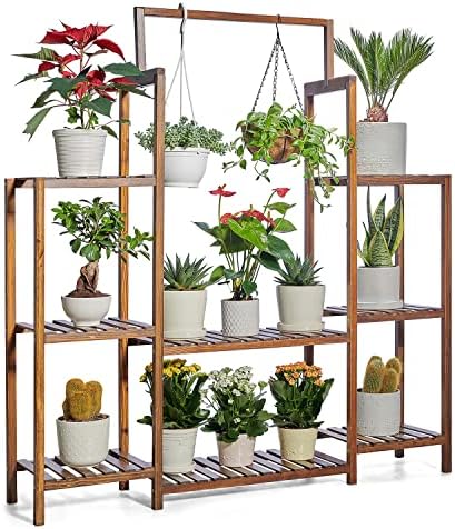 Zefome 8 Tiered Plant Stand-Premium Finished Pine Wood Flower Plant Shelf for Indoors & Outdoors - Holds 14 to 25 Houseplants Including Hanging Plants - Comes with Hardware and Instructions for Easy Assembly