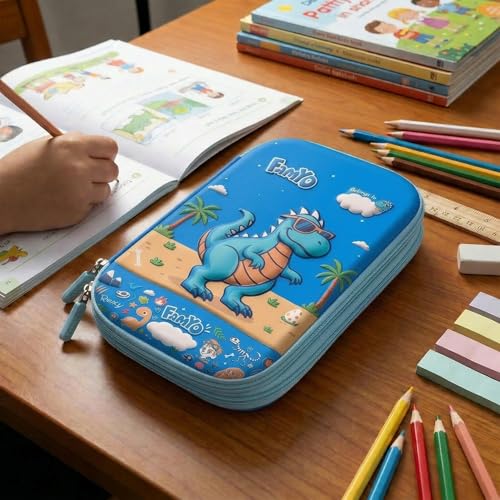 Image of Famyo Rexy Dino Pencil Pouch for Kids | 3 Compartment Pencil Case | Hard Shell EVA Pencil Box with Mesh Pocket & Zipper | School Stationery Organizer for Boys & Girls