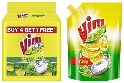 Image of VIM Dishwash Liquid Gel Lemon, With Lemon Fragrance, Leaves No Residue, Grease Cleaner For All Utensils, 900 Ml Refill Pouch, Antismell With Pudina, Pack Of 5