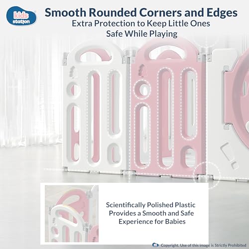 Image of Kids Station Pink Bear Baby Playpen 180 x 200 with Playmat, Basketball Hoop & 20 Balls, Spacious Safety Play Yard for Babies & Toddlers, Indoor /Outdoor Use, Sturdy Frame