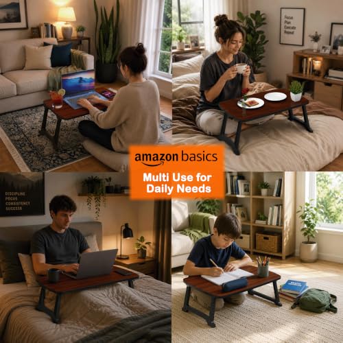 Image of Amazon Basics - CozyDesk Pro | Compact Foldable Lap Desk | Portable Bed Table for Laptop, Study, Meals | Engineered Wood Top with ABS Legs Table top 57 x 36, Height 28 cm (Royal Mahogany)