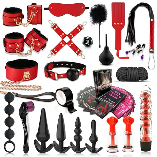 BDSM Adult Toys Bondage RestraintsCouples Sex Toys with Anal Toys and Adjustable Handcuffs Collar Ankle Cuff Blindfold Feather Tickler