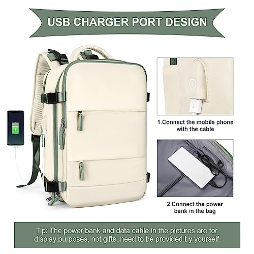 Image of coowoz Large Travel Backpack for Women Men,Carry On Backpack Flight Approved,Hiking Backpack Outdoor Rucksack Casual Daypack Fit 15.6 Inch Laptop Shoes Compartment White Green L