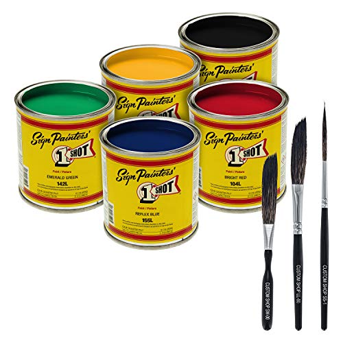 One-Shot 5-Color Lettering and Pinstripe Paint 1/4 Pint Cans with Bonus Striping Brush Kit Colors: Bright Red Lemon Yellow Emerald Green Reflex Blue and Black