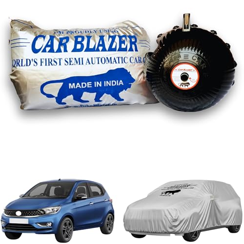 Image of CARBLAZER Portable & Semi-Automatic Full Body Car Covers: Heavy Duty Device| Anti-Theft| Dust & Scratch Proof | Water & Wind Resistant|Custom Fit| Dual-Side Cover, Compatible for Tata Tiago