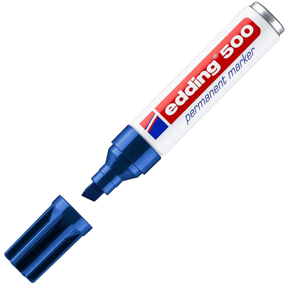 edding 500 marcador permanente - azul - 1 rotulador - punta biselada 2-​7 mm - resistente al agua, de secado rápido, rotuladores indelebles - para cartón, plástico, madera, metal, vidrio